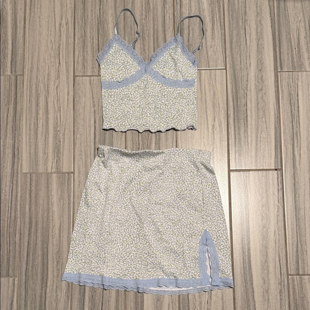 H&M Blue and White Lace Trim Cami and Skirt Set